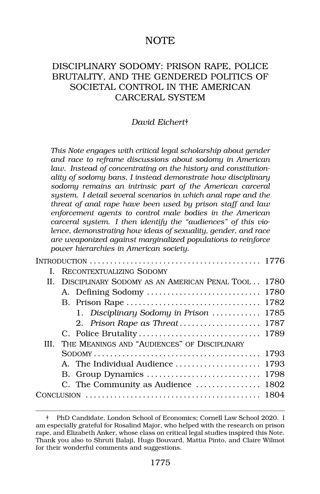 Disciplinary Sodomy: Prison Rape, Police Brutality, and the Gendered Politics of Societal Control in the American Carceral System