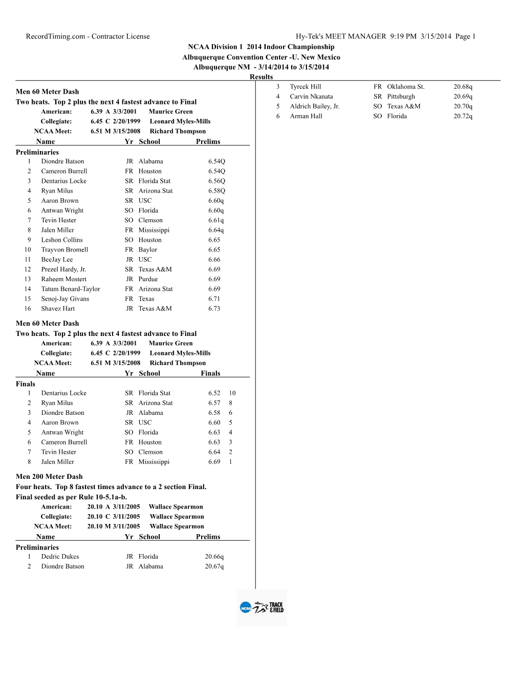 Recordtiming.Com - Contractor License Hy-Tek's MEET MANAGER 9:19 PM 3/15/2014 Page 1 NCAA Division 1 2014 Indoor Championship Albuquerque Convention Center -U