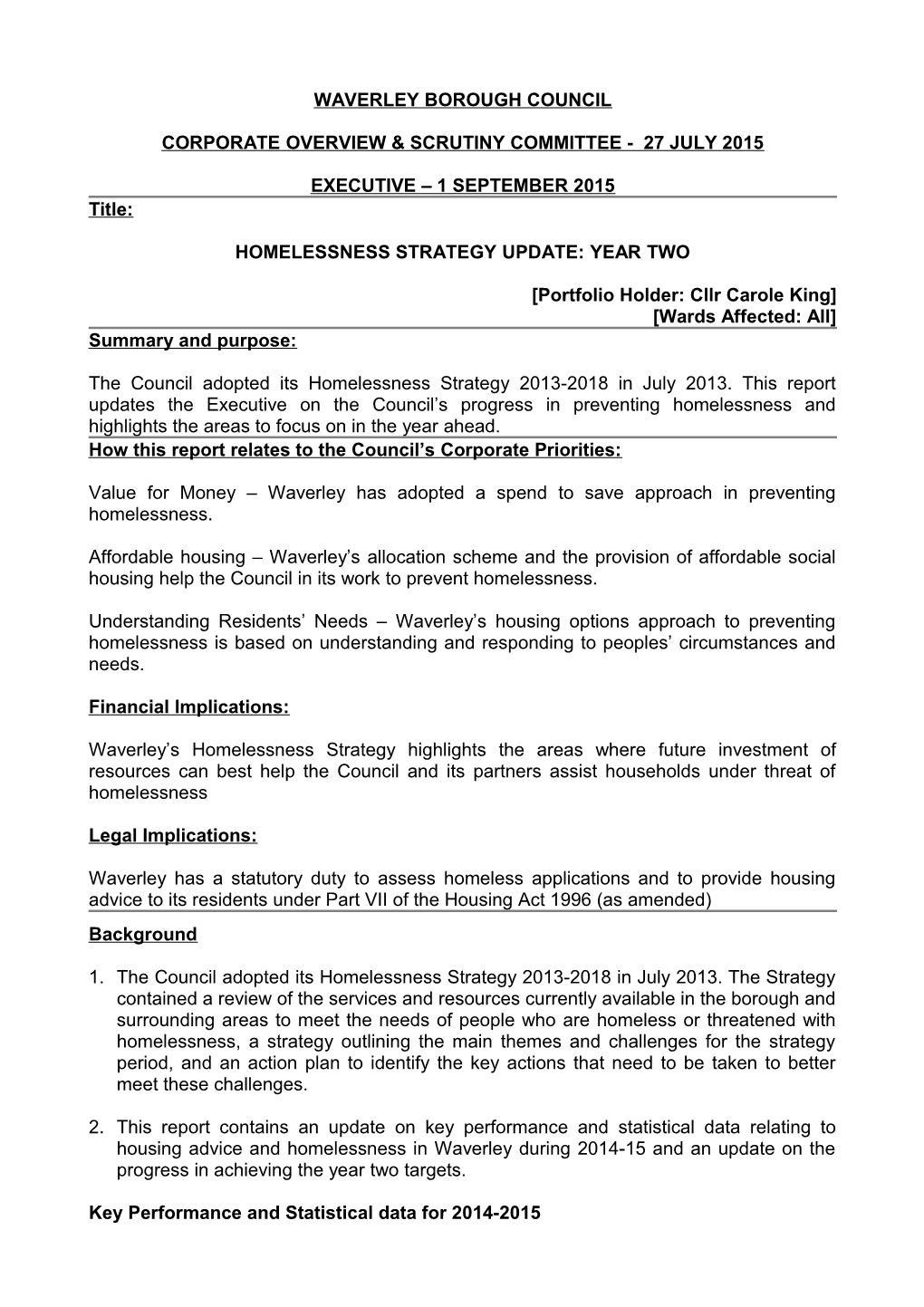 Homelessness Strategy Update Year 2