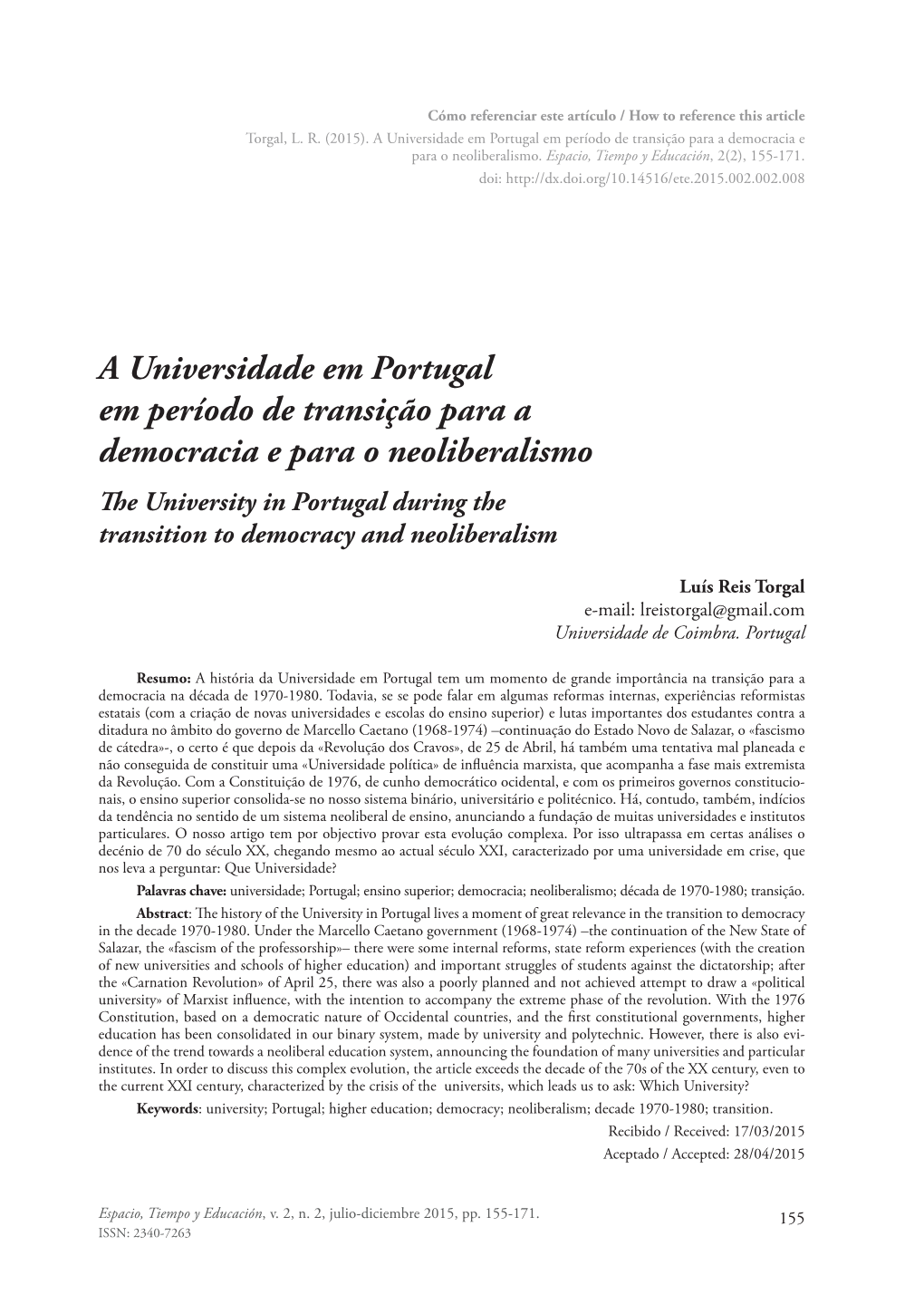 A Universidade Em Portugal Em Período De Transição Para a Democracia E Para O Neoliberalismo