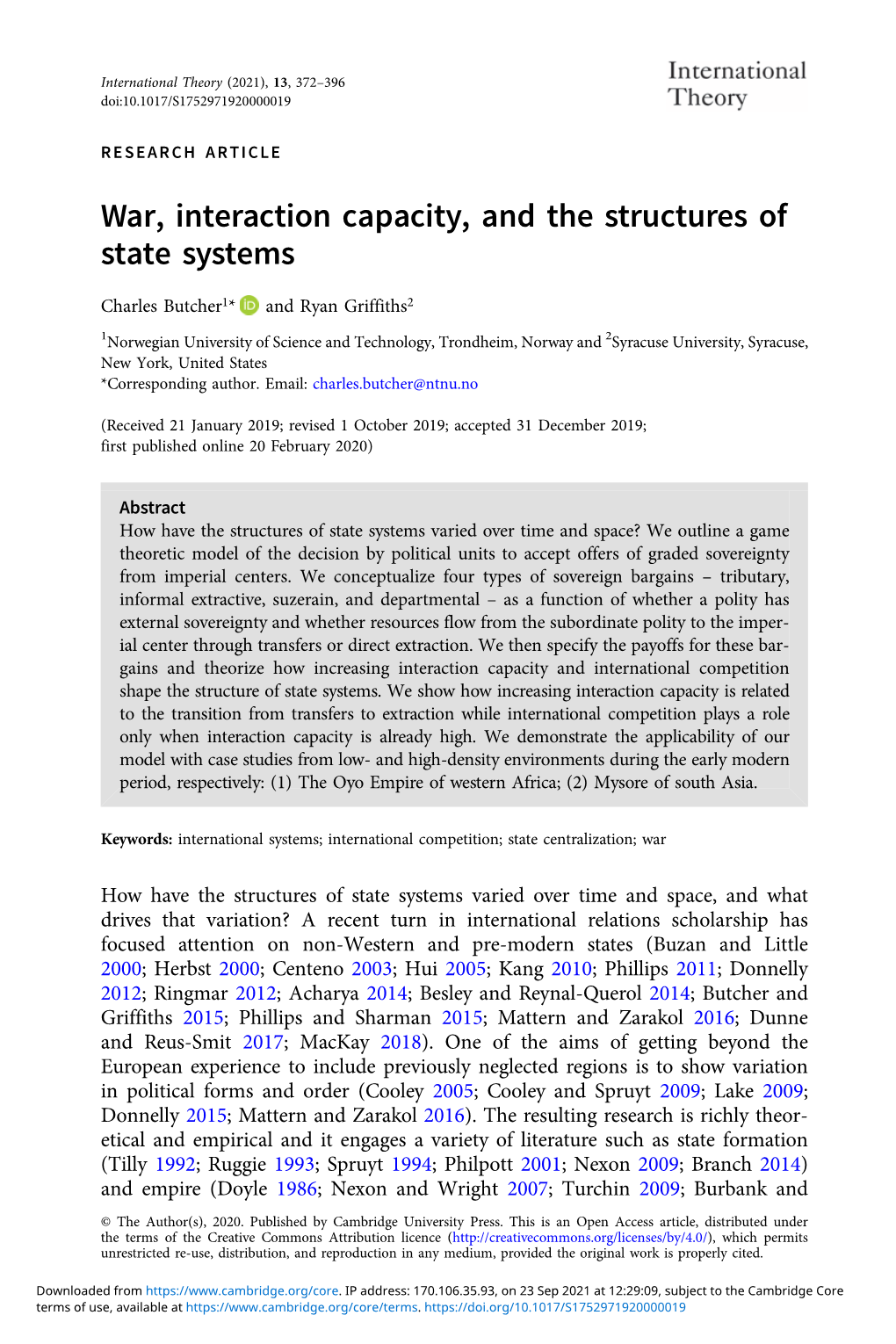 War, Interaction Capacity, and the Structures of State Systems