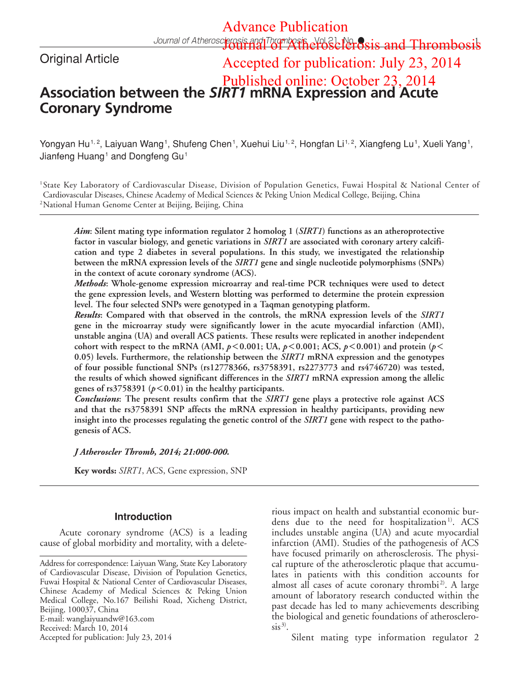 Association Between the SIRT1 Mrna Expression and Acute Coronary Syndrome Advance Publication Journal of Atherosclerosis And