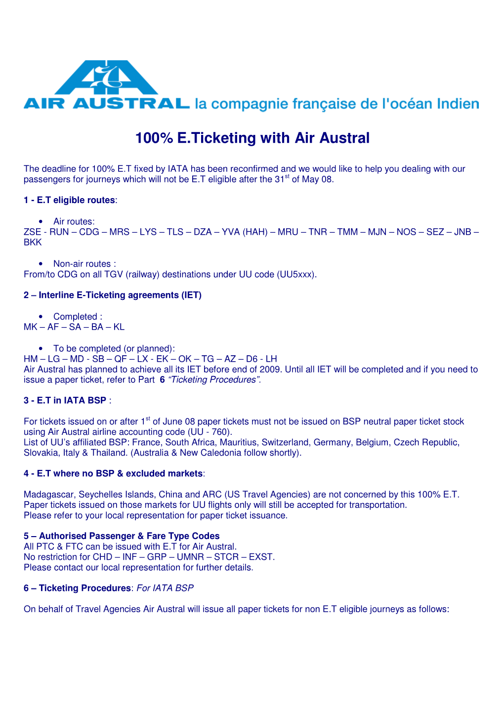 100% E.Ticketing with Air Austral