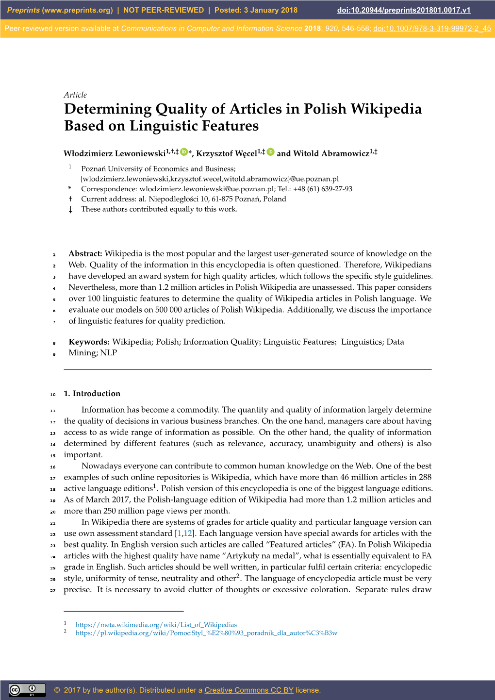 Determining Quality of Articles in Polish Wikipedia Based on Linguistic Features
