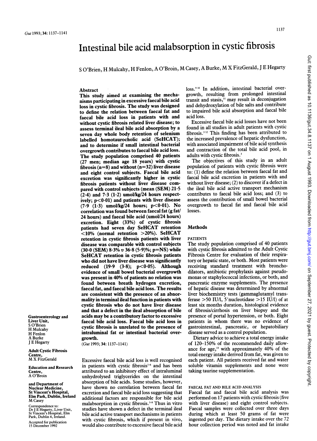 Intestinal Bile Acid Malabsorption in Cystic Fibrosis Gut: First Published As 10.1136/Gut.34.8.1137 on 1 August 1993