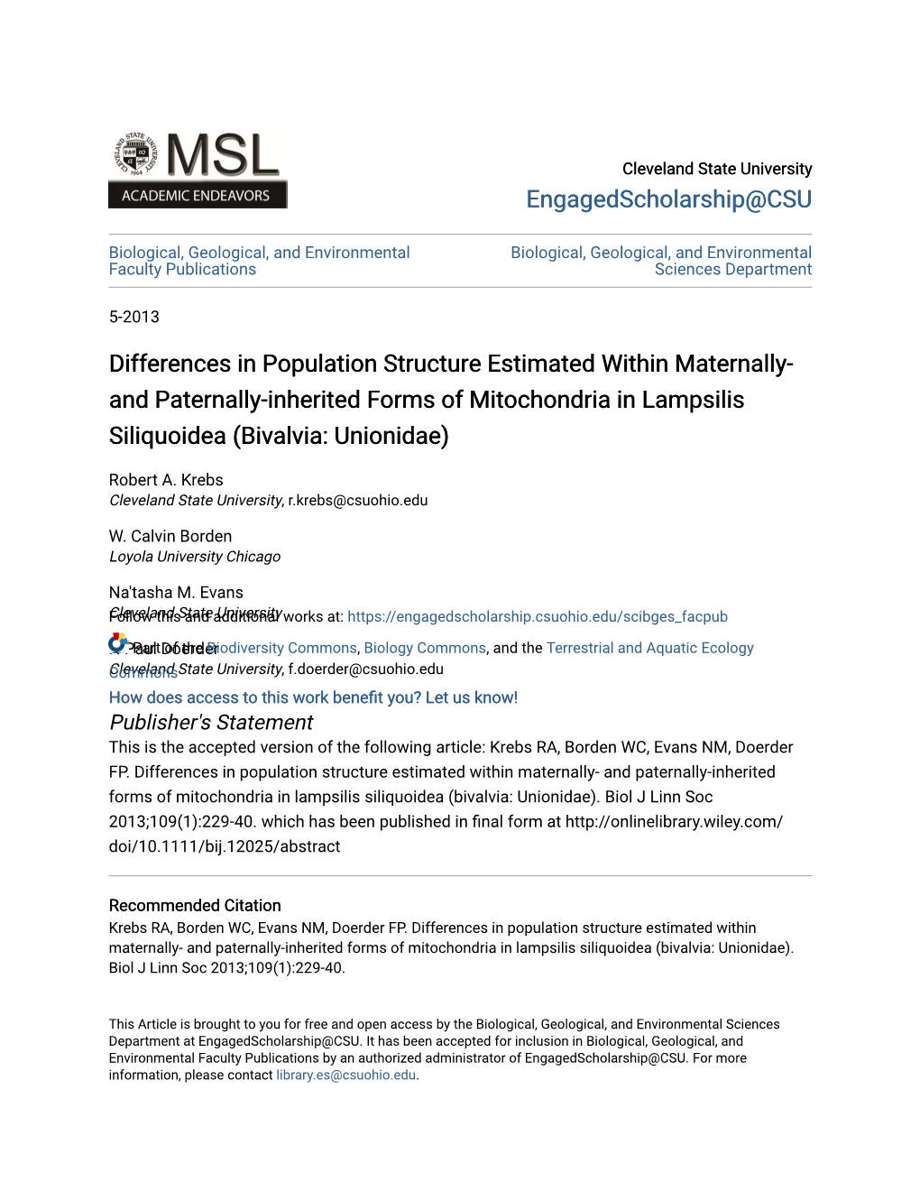 And Paternally-Inherited Forms of Mitochondria in Lampsilis Siliquoidea (Bivalvia: Unionidae)