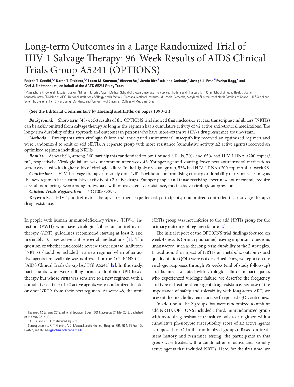Long-Term Outcomes in a Large Randomized Trial of HIV-1 Salvage Therapy: 96-Week Results of AIDS Clinical Trials Group A5241 (OPTIONS) Rajesh T