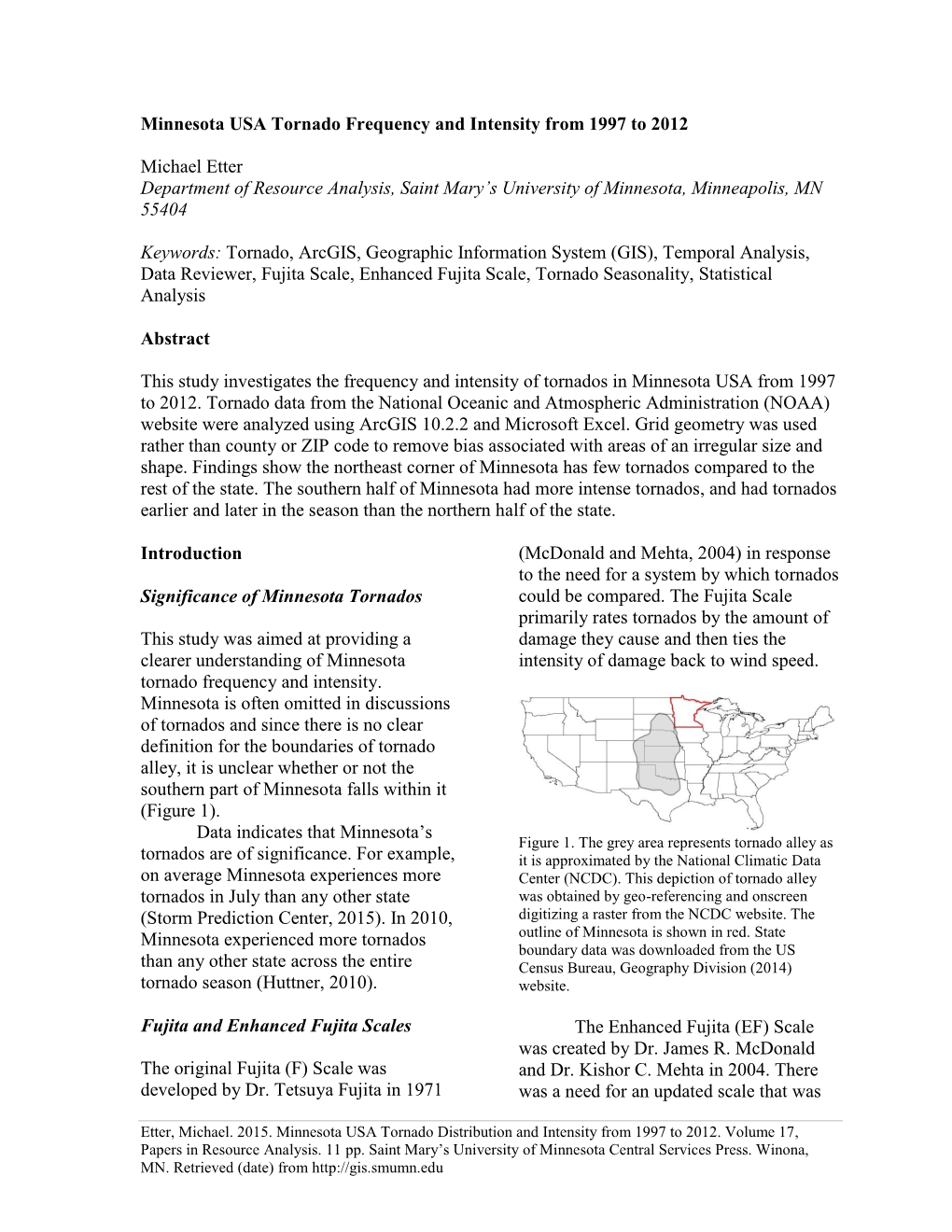 Minnesota USA Tornado Frequency and Intensity from 1997 to 2012