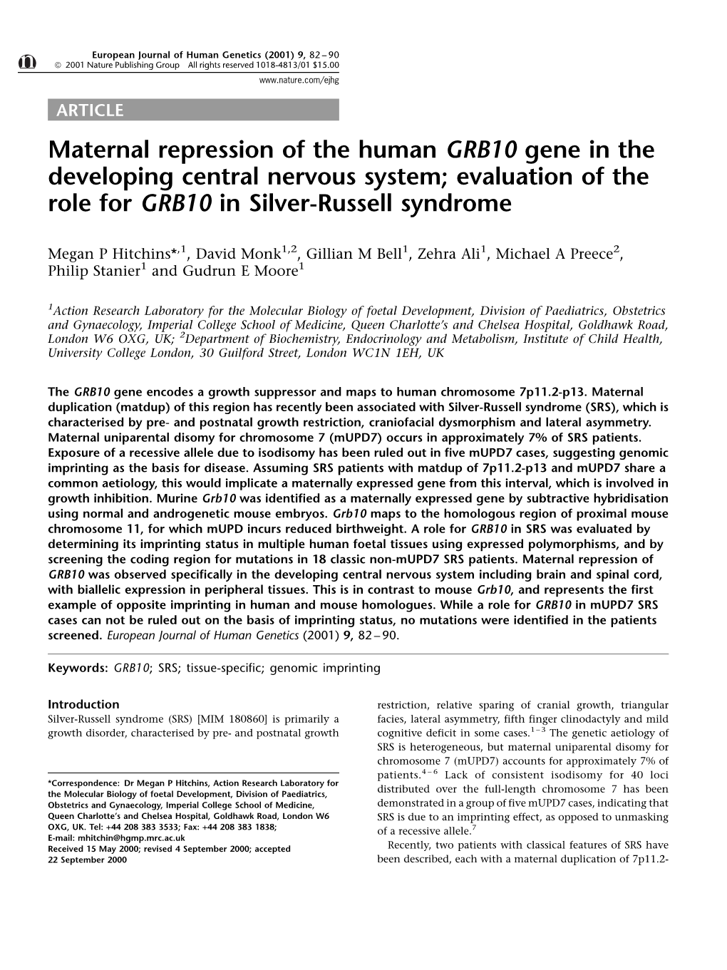 Maternal Repression of the Human GRB10 Gene in the Developing Central Nervous System; Evaluation of the Role for GRB10 in Silver-Russell Syndrome