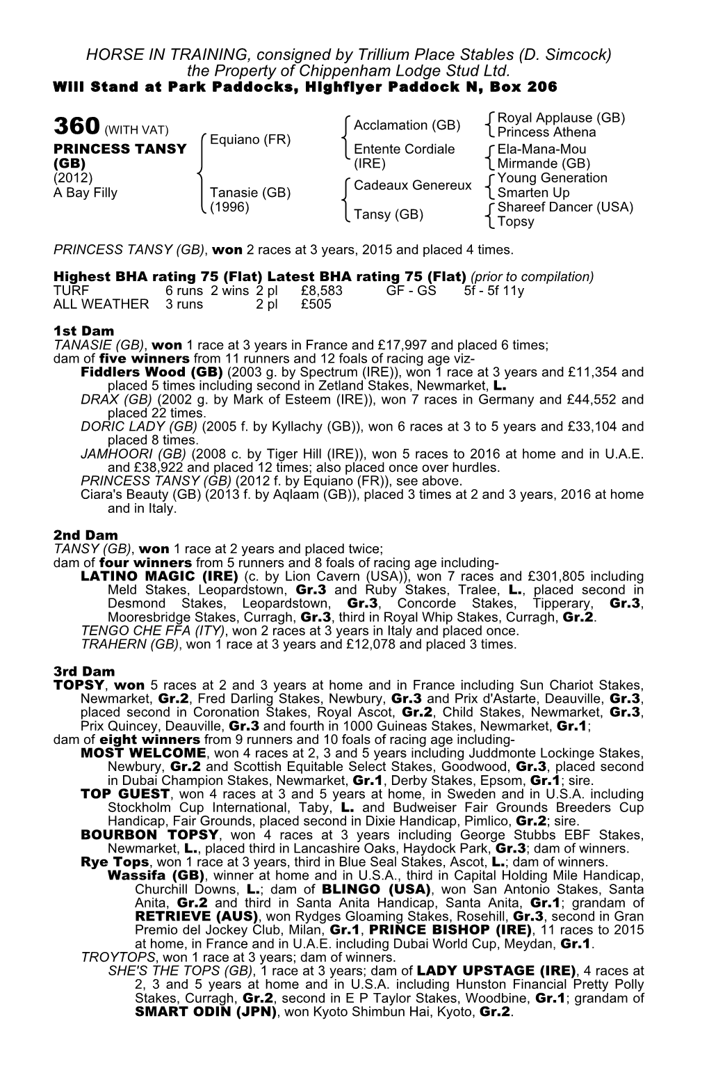 HORSE in TRAINING, Consigned by Trillium Place Stables (D. Simcock) the Property of Chippenham Lodge Stud Ltd