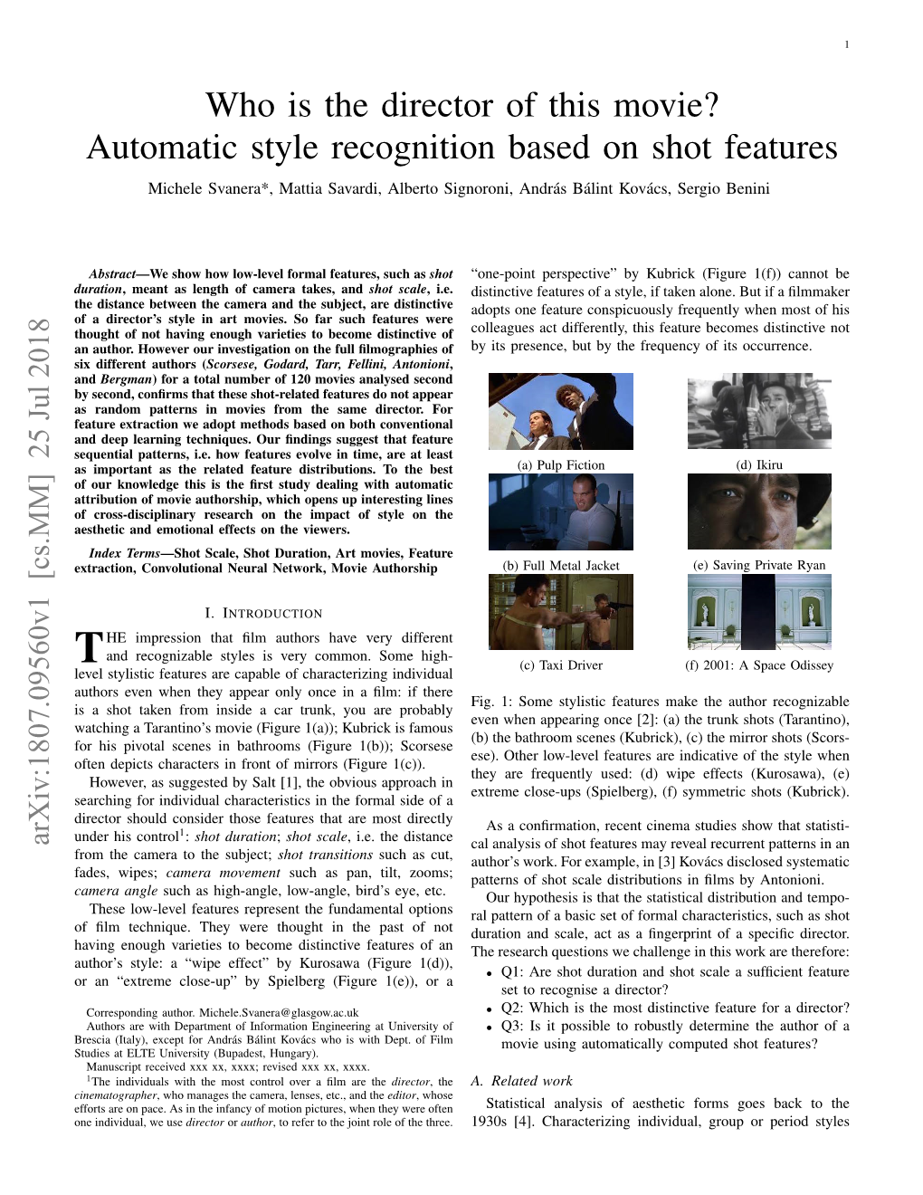 Automatic Style Recognition Based on Shot Features Michele Svanera*, Mattia Savardi, Alberto Signoroni, Andras´ Balint´ Kovacs,´ Sergio Benini