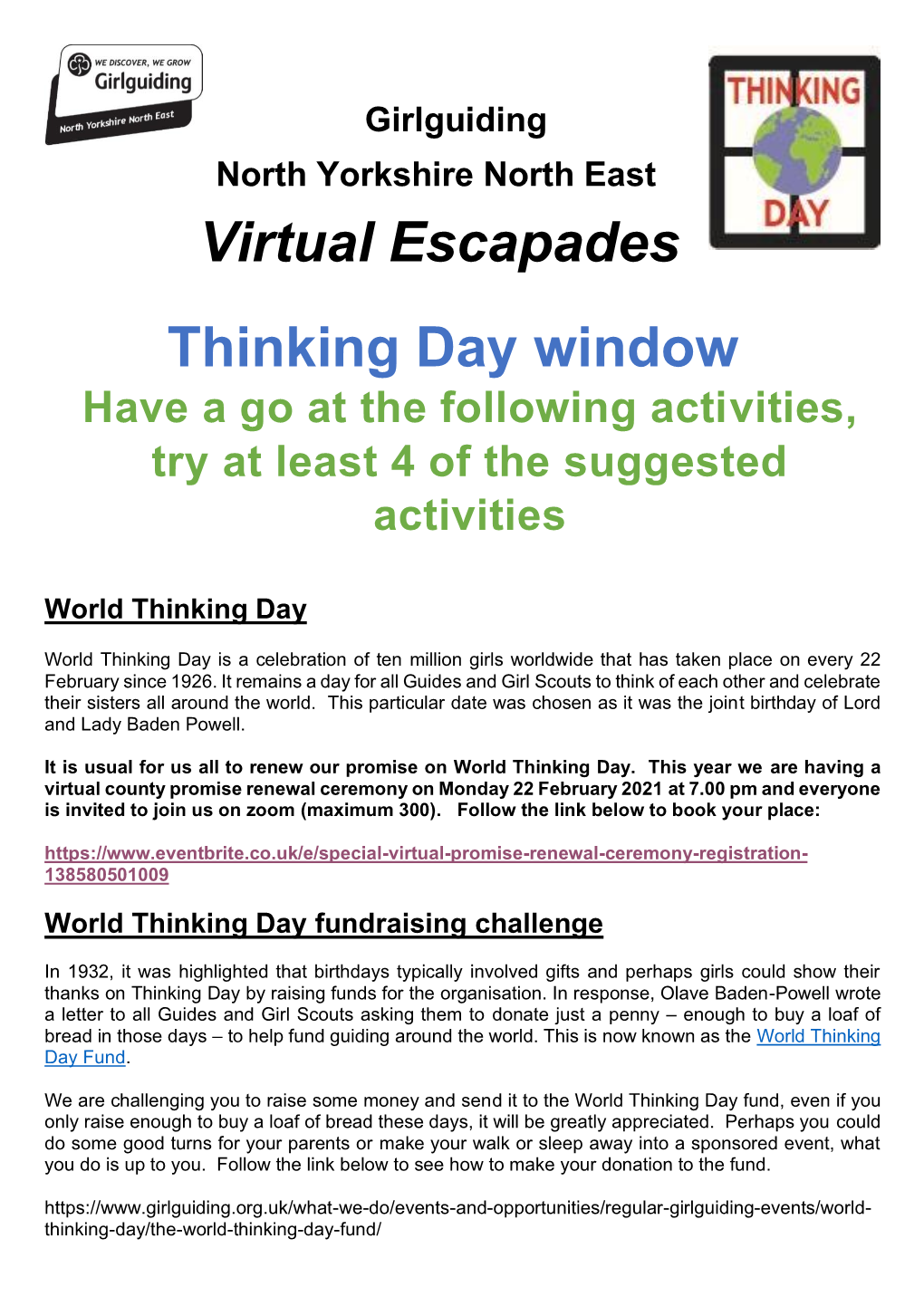 Thinking Day Window Have a Go at the Following Activities, Try at Least 4 of the Suggested Activities : World Thinking Day