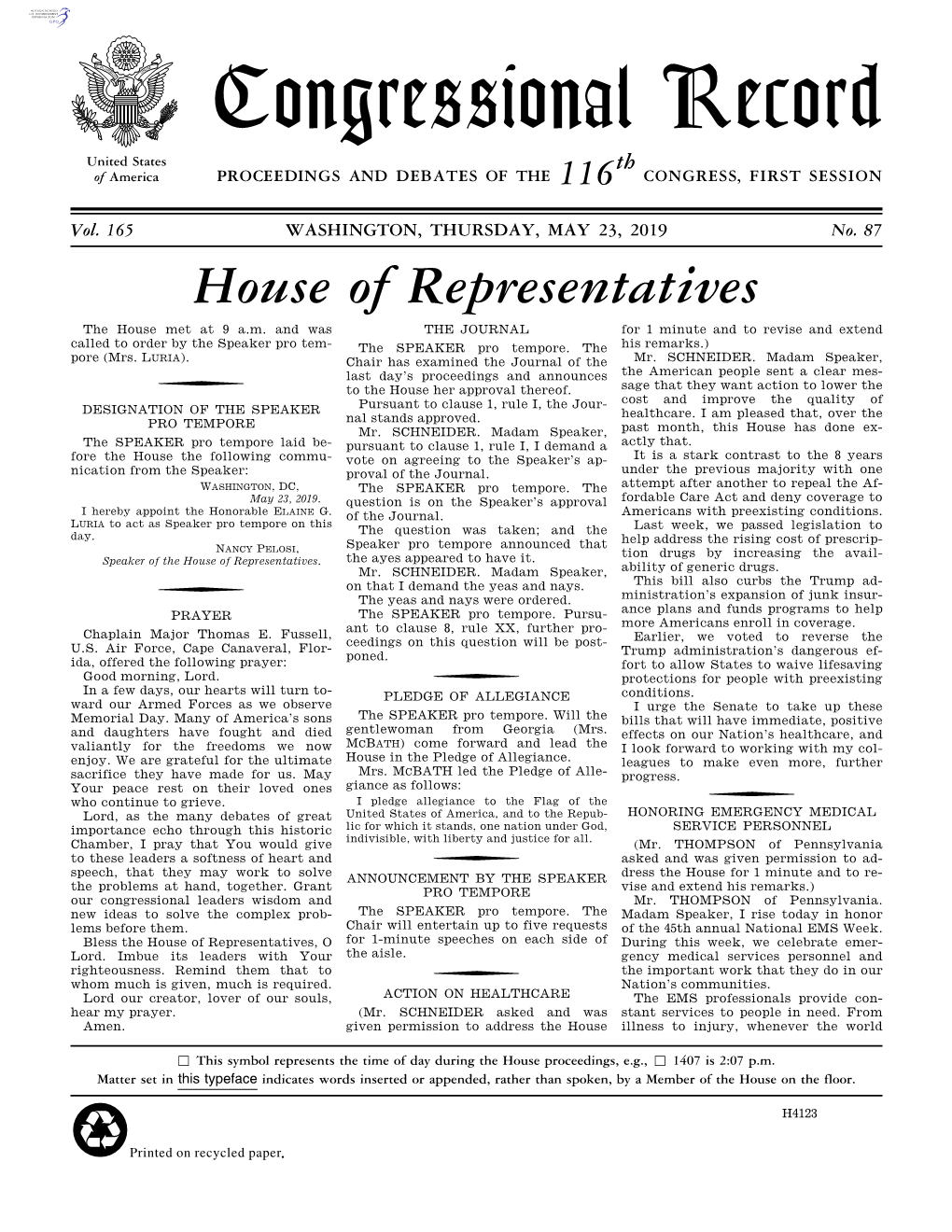 Congressional Record United States Th of America PROCEEDINGS and DEBATES of the 116 CONGRESS, FIRST SESSION