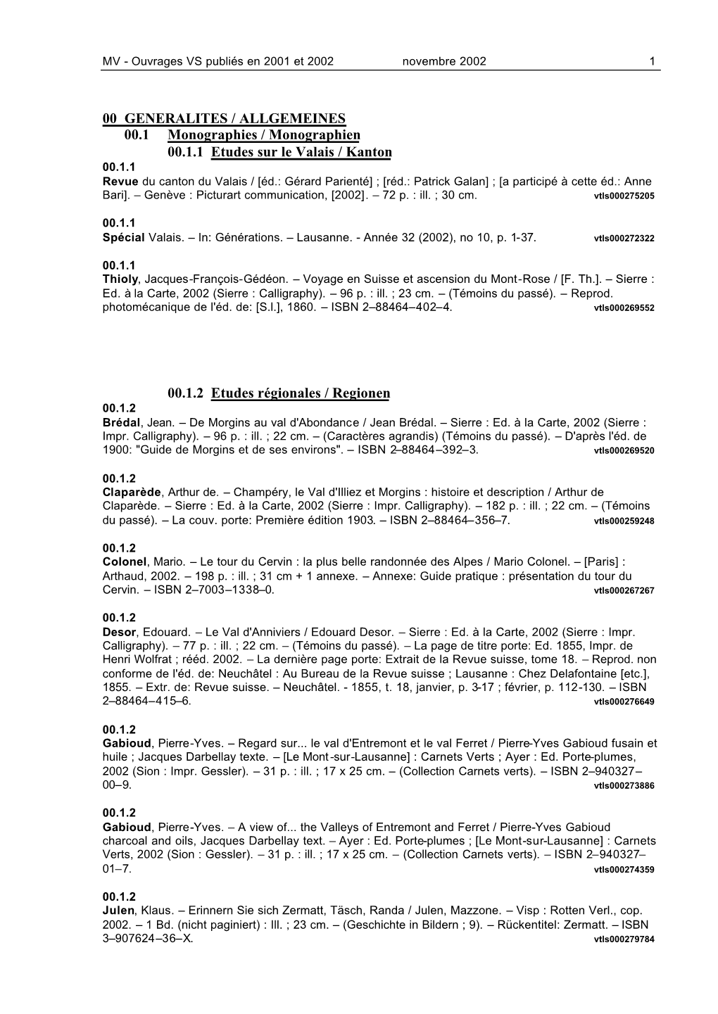 00 GENERALITES / ALLGEMEINES 00.1 Monographies / Monographien 00.1.1 Etudes Sur Le Valais / Kanton 00.1.2 Etudes Régionales