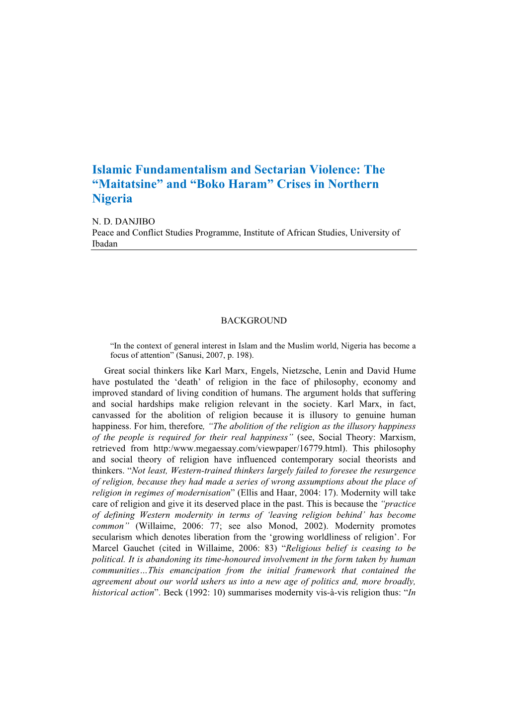 Islamic Fundamentalism and Sectarian Violence: the “Maitatsine” and “Boko Haram” Crises in Northern Nigeria