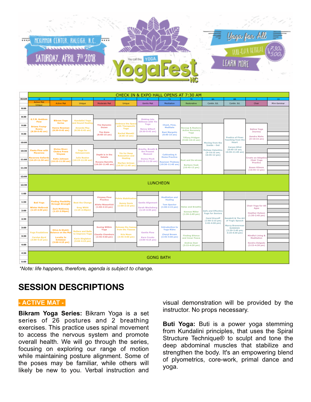 Yogafest NC 2018 Agenda and Class Descriptions