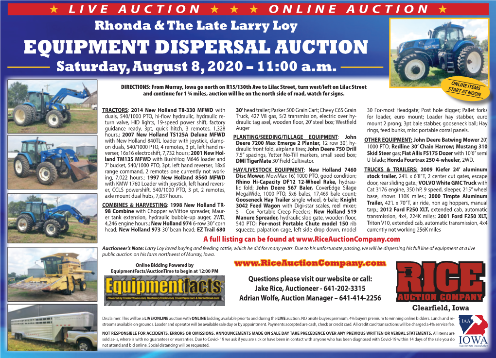 EQUIPMENT DISPERSAL AUCTION Saturday, August 8, 2020 – 11:00 A.M