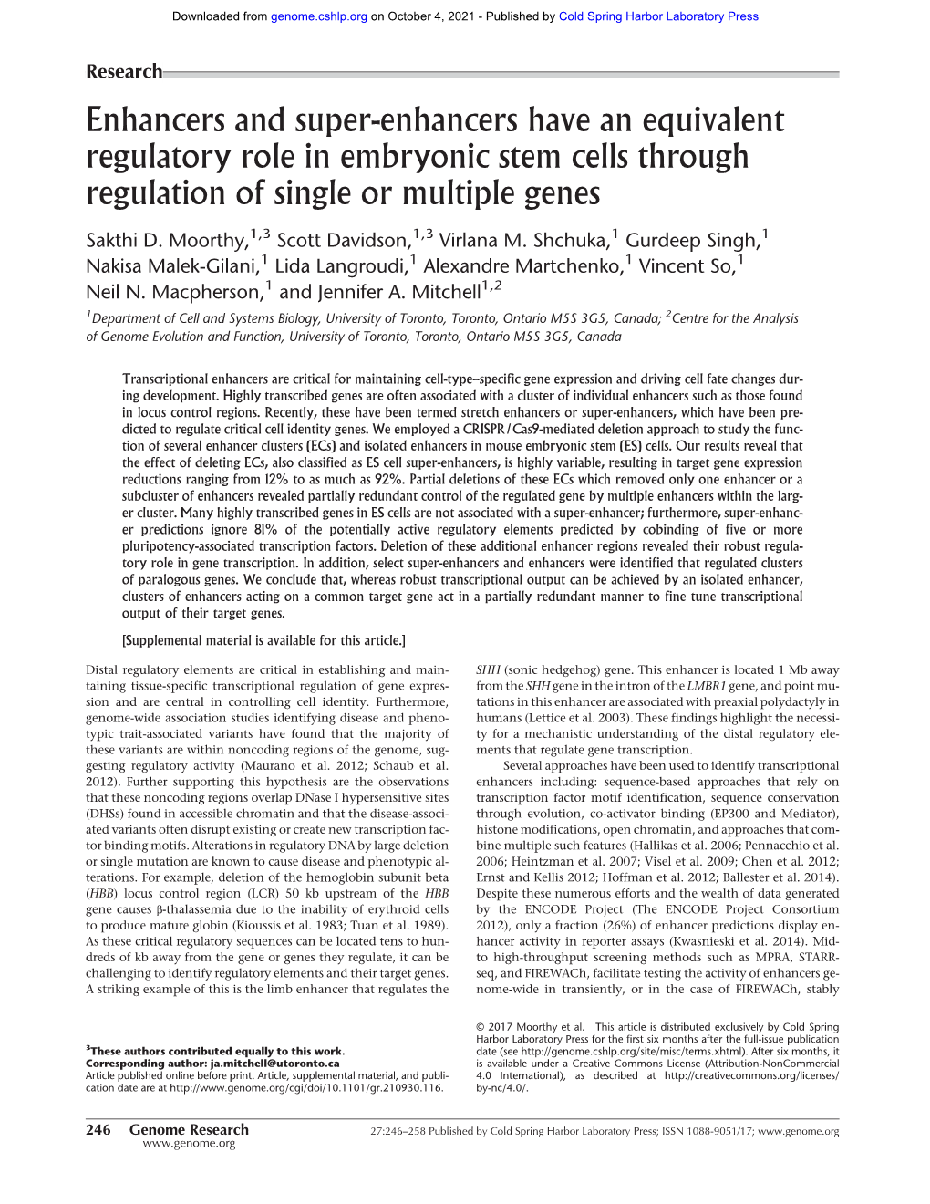 Enhancers and Super-Enhancers Have an Equivalent Regulatory Role in Embryonic Stem Cells Through Regulation of Single Or Multiple Genes