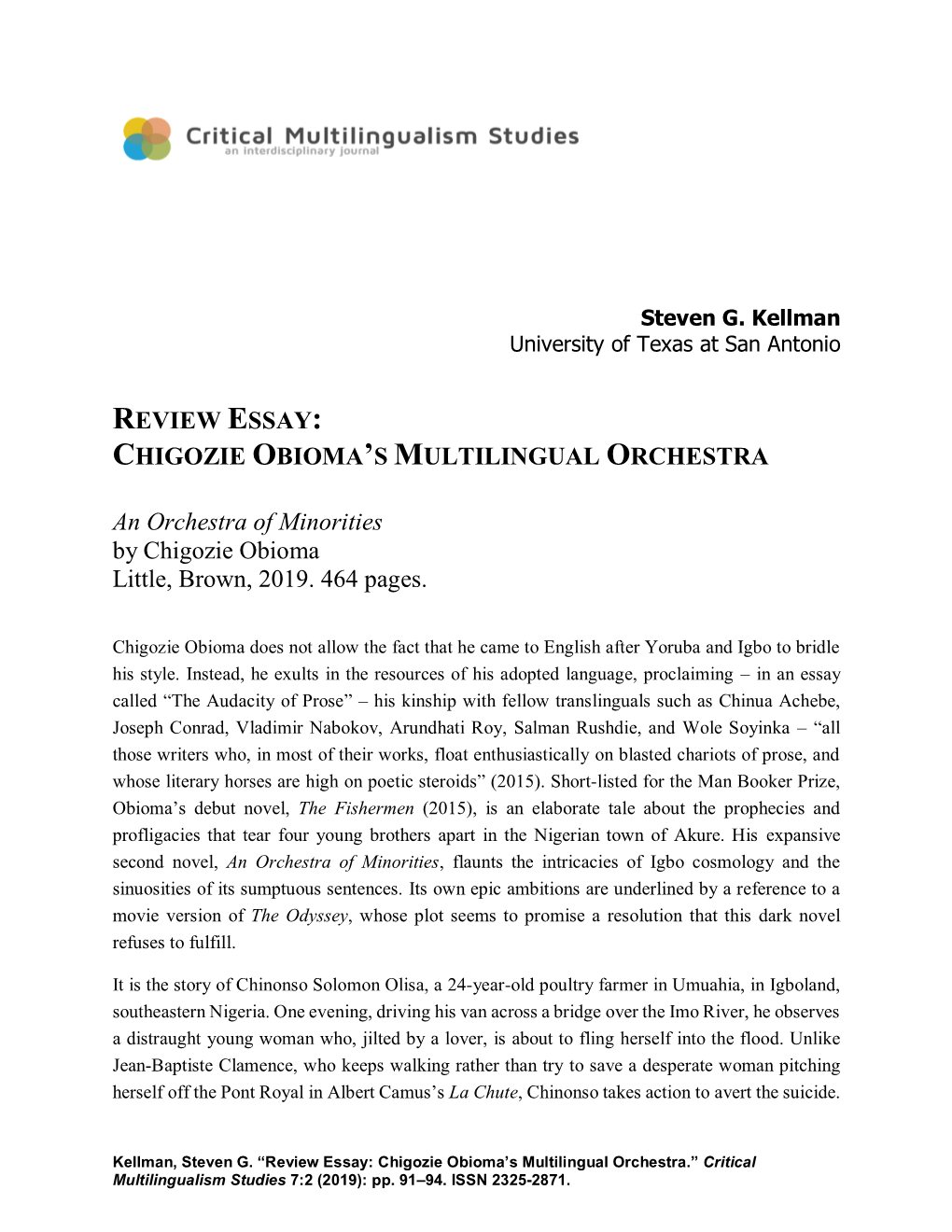 Review Essay: Chigozie Obioma’S Multilingual Orchestra