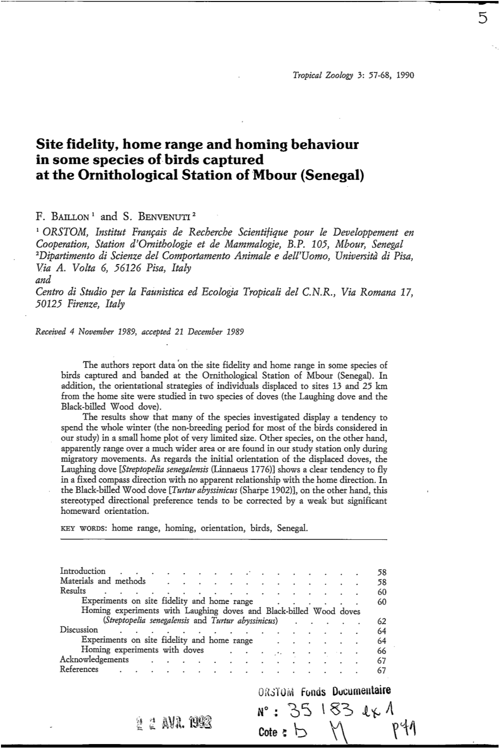 Site Fidelity, Home Range and Homing Behaviour in Some Species of Birds Captured at the Ornithological Station of M'bour