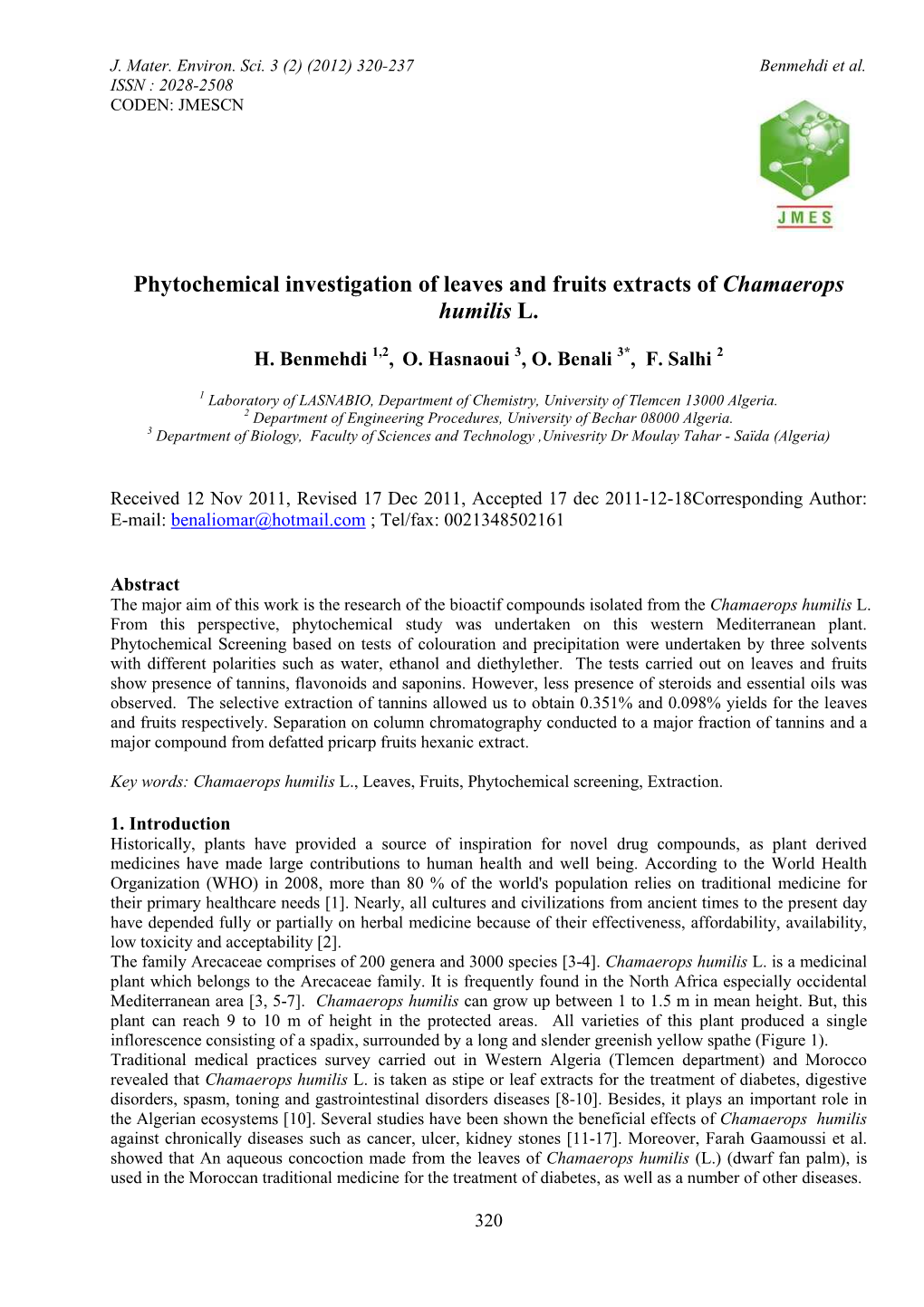 Phytochemical Investigation of Leaves and Fruits Extracts of Chamaerops Humilis L