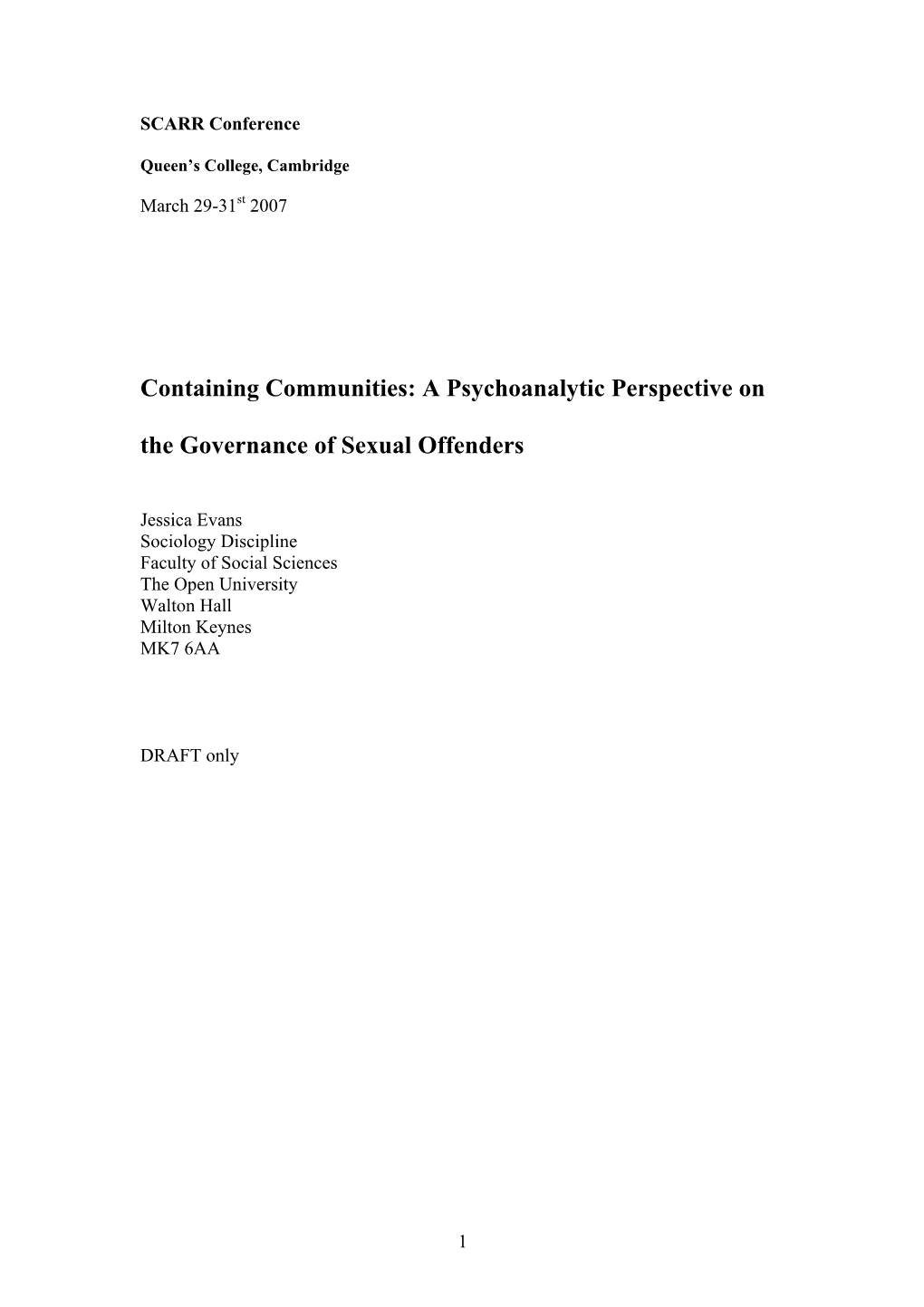 Containing Communities: a Psychoanalytic Perspective on the Governance of Sexual Offenders