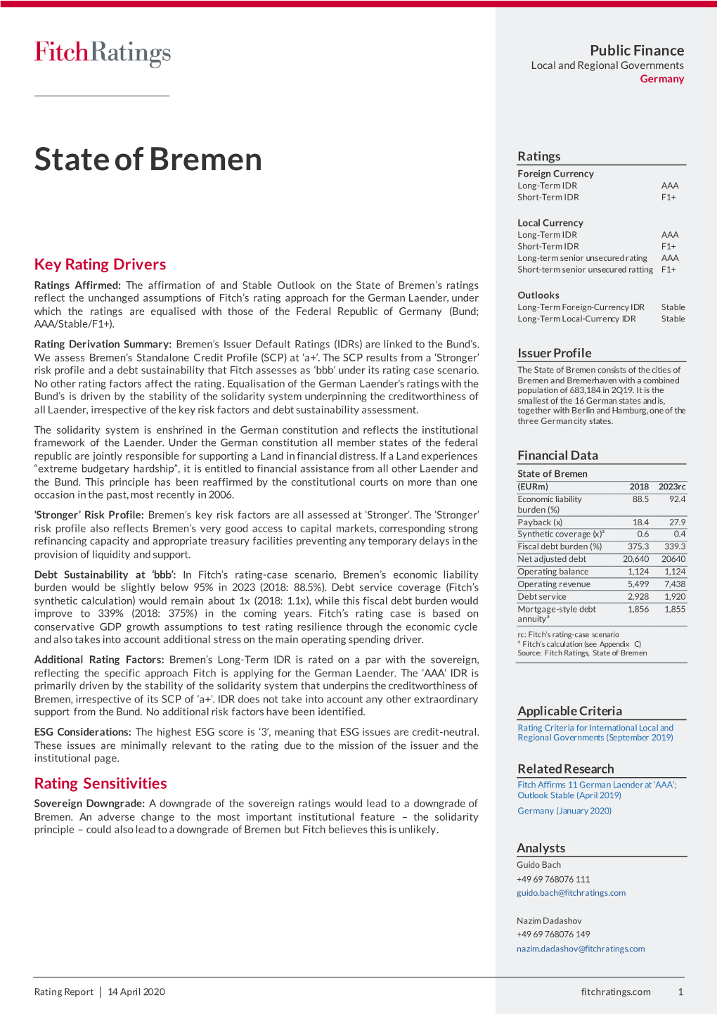 State of Bremen Foreign Currency Long-Term IDR AAA Short-Term IDR F1+