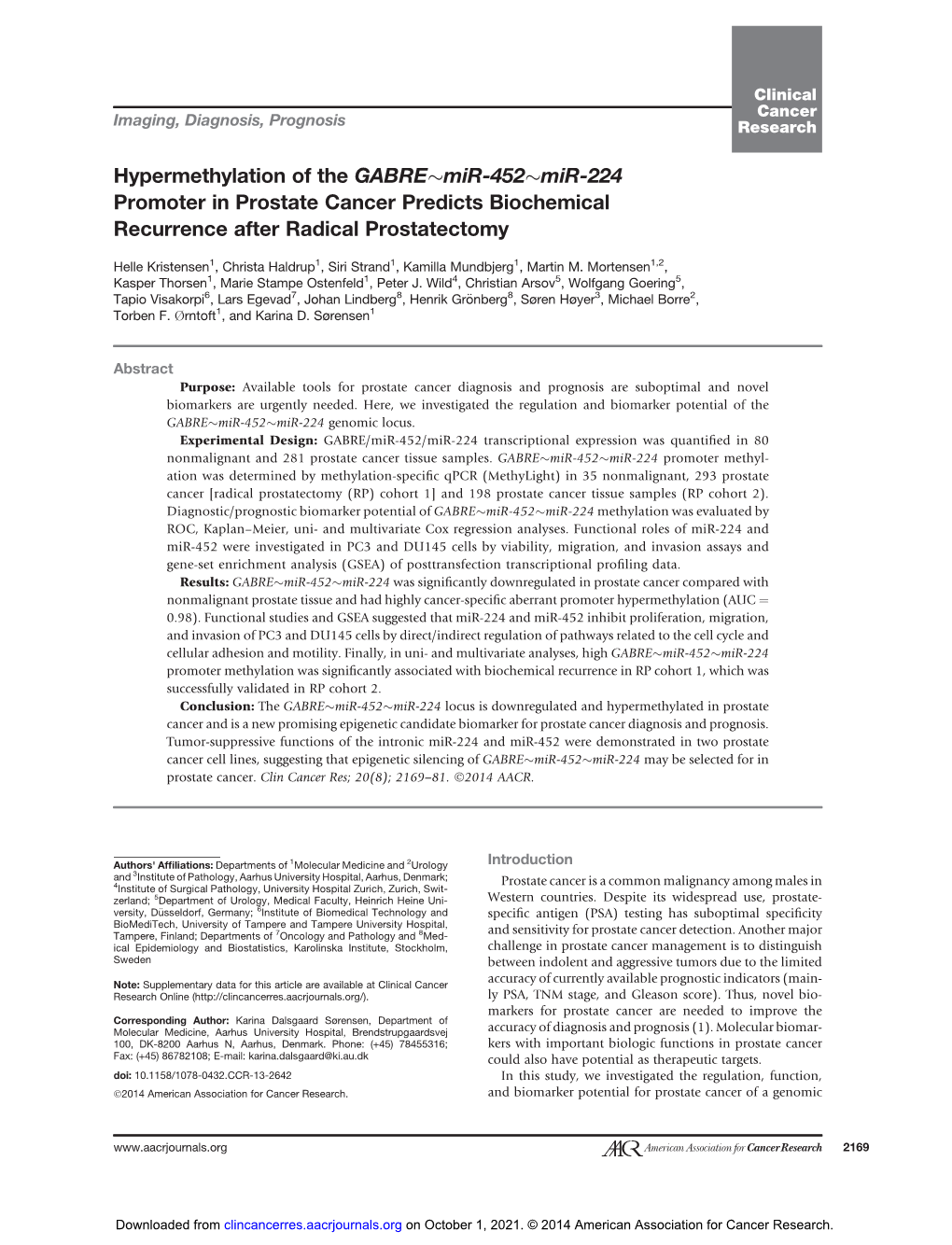 Hypermethylation of the GABRE$Mir-452$Mir-224 Promoter in Prostate Cancer Predicts Biochemical Recurrence After Radical Prostate