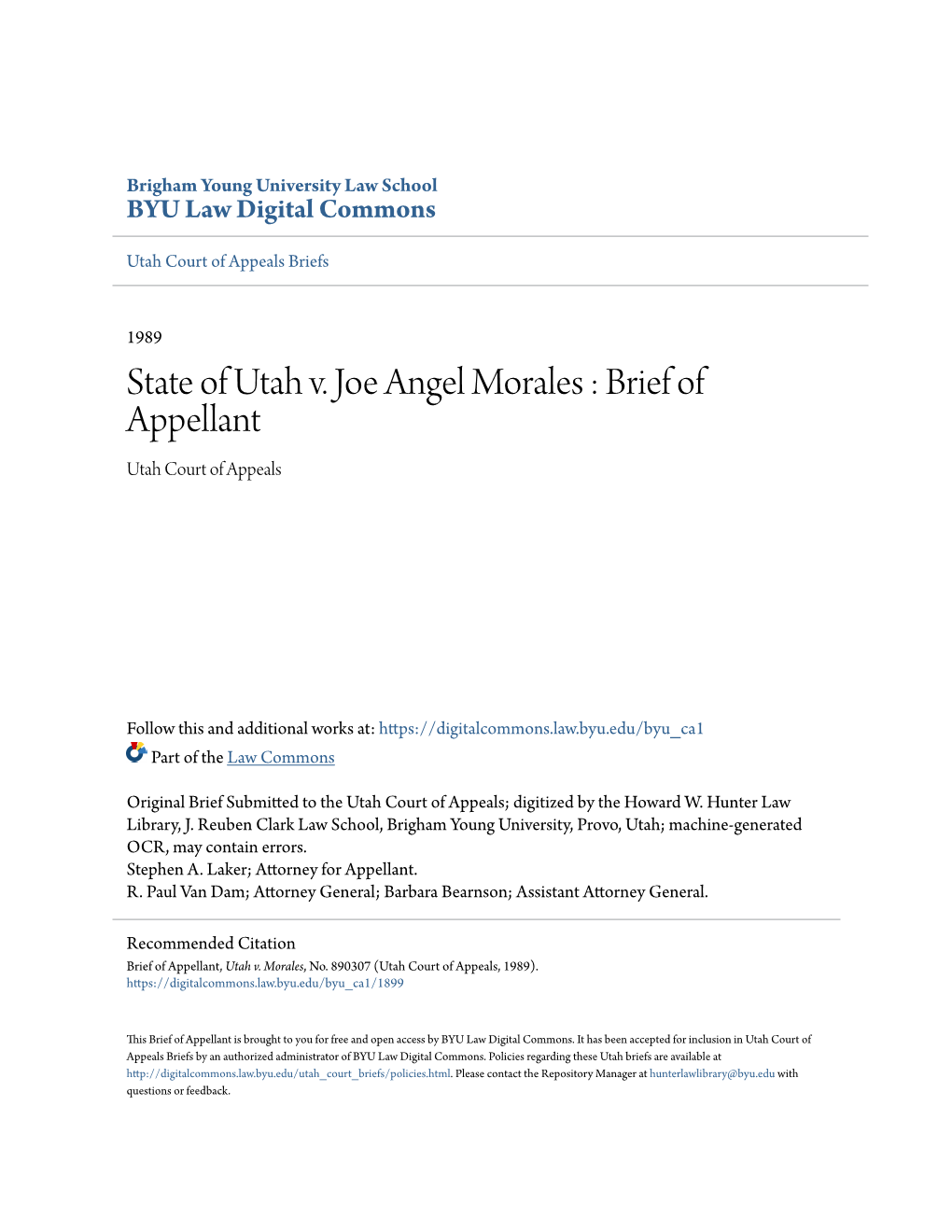 State of Utah V. Joe Angel Morales : Brief of Appellant Utah Court of Appeals