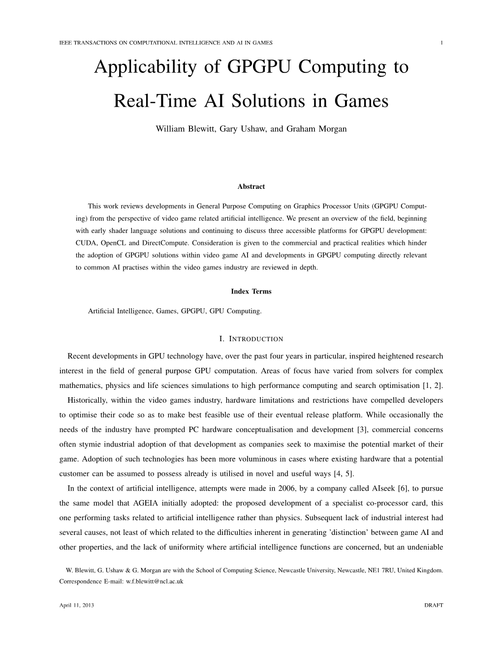 Applicability of GPGPU Computing to Real-Time AI Solutions in Games