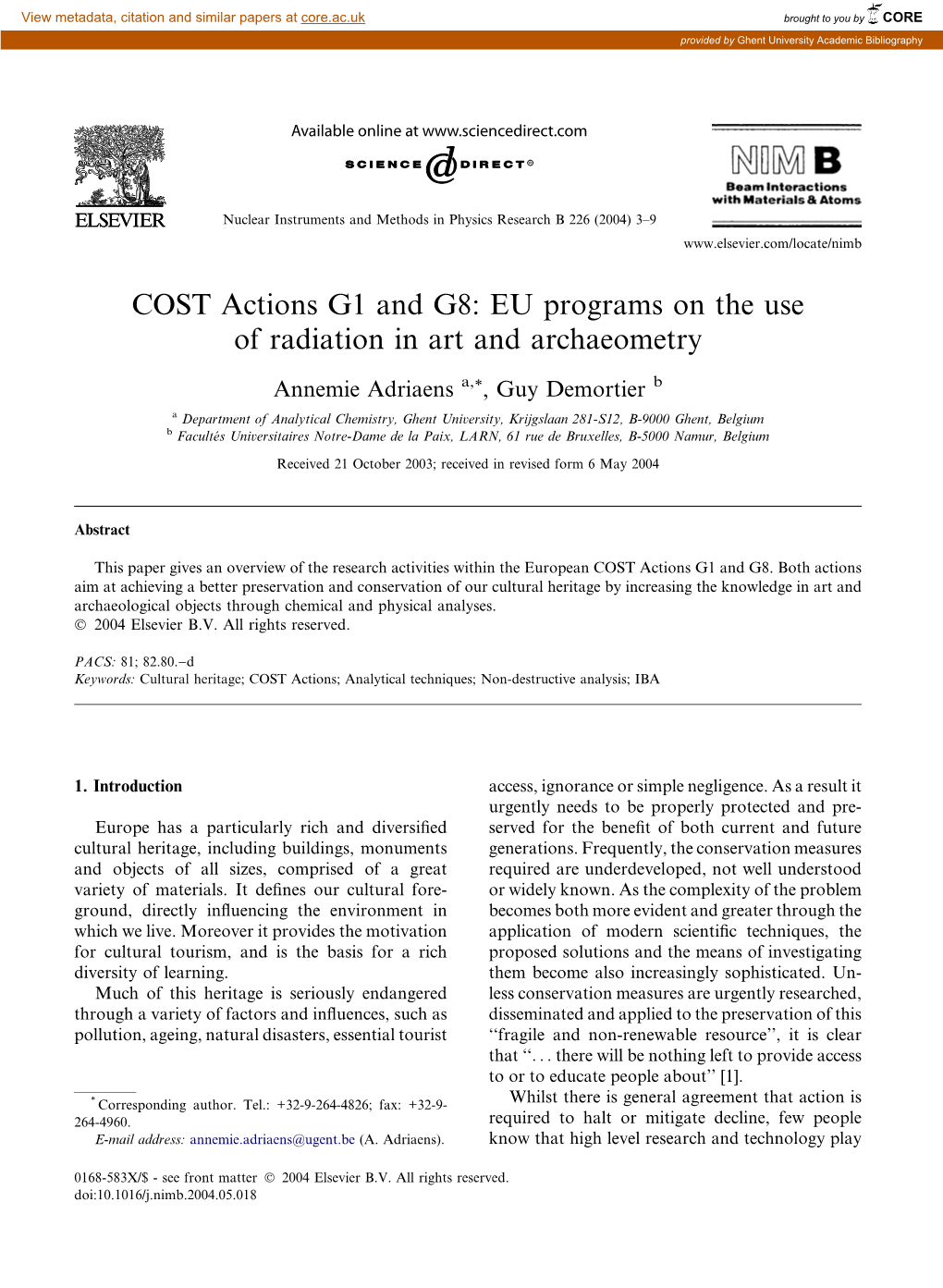 COST Actions G1 and G8: EU Programs on the Use of Radiation in Art and Archaeometry