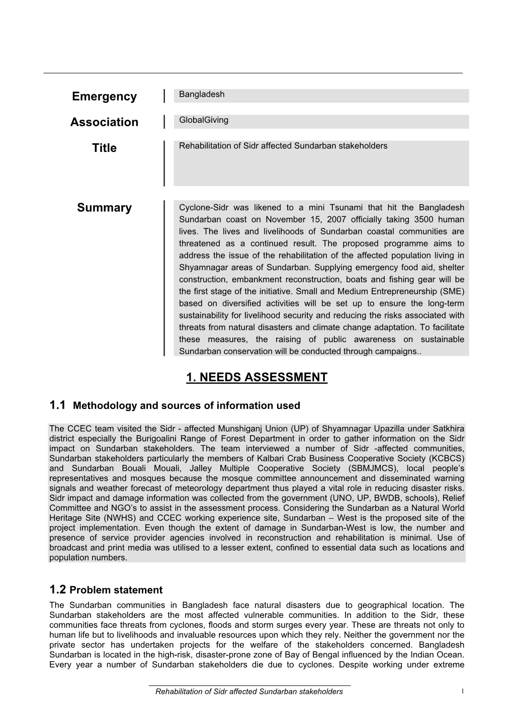 Emergency Association Title Summary 1. NEEDS ASSESSMENT