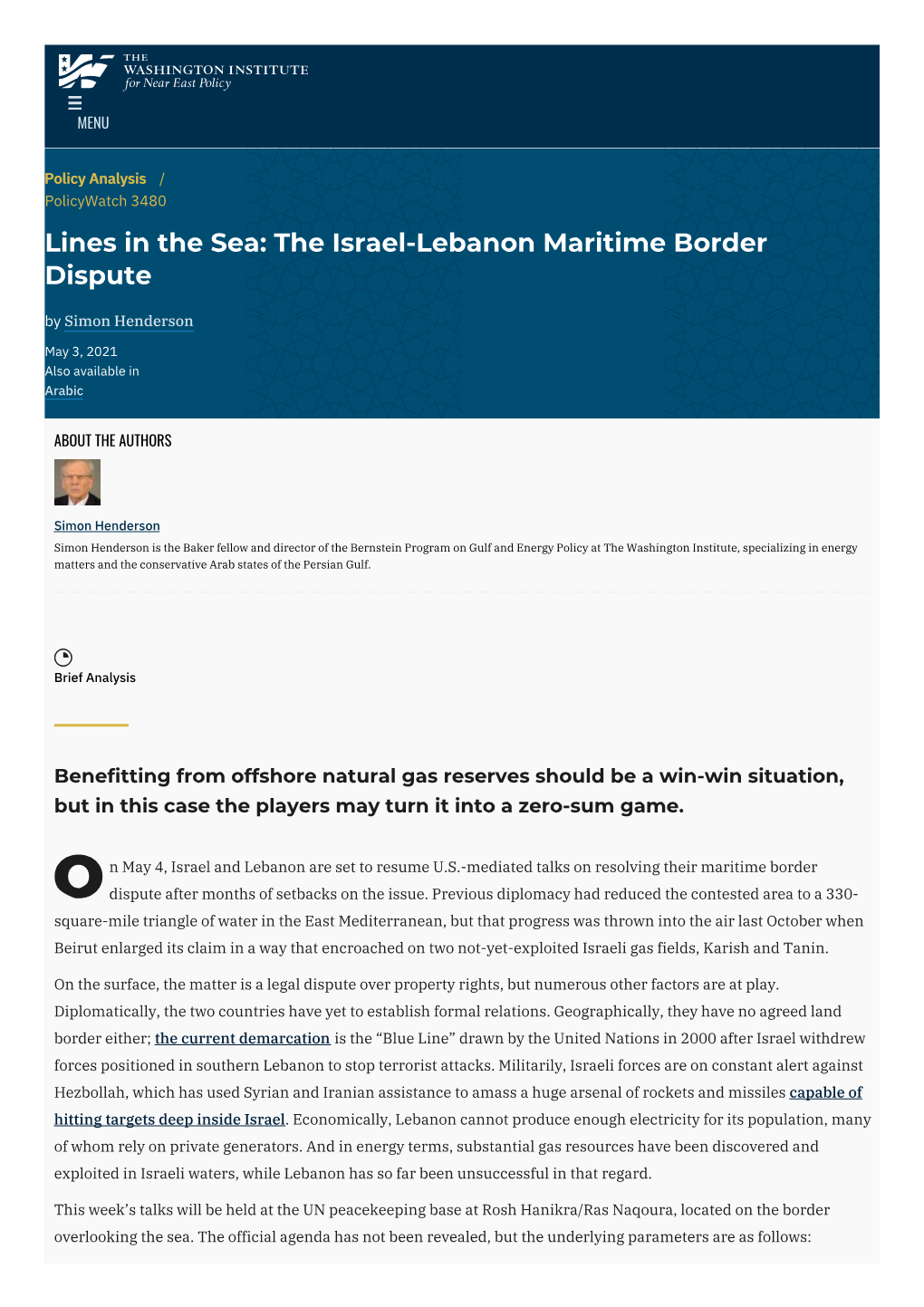 The Israel-Lebanon Maritime Border Dispute by Simon Henderson