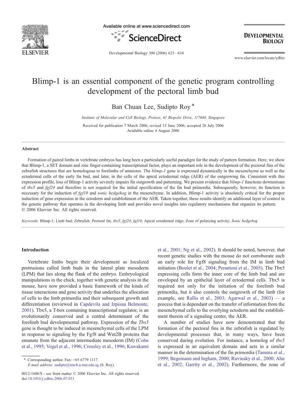 Blimp-1 Is an Essential Component of the Genetic Program Controlling Development of the Pectoral Limb Bud ⁎ Ban Chuan Lee, Sudipto Roy