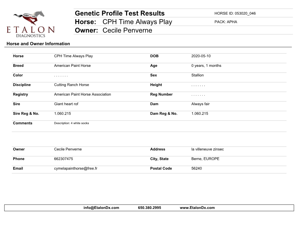 Genetic Profile Test Results Horse: CPH Time Always Play Owner