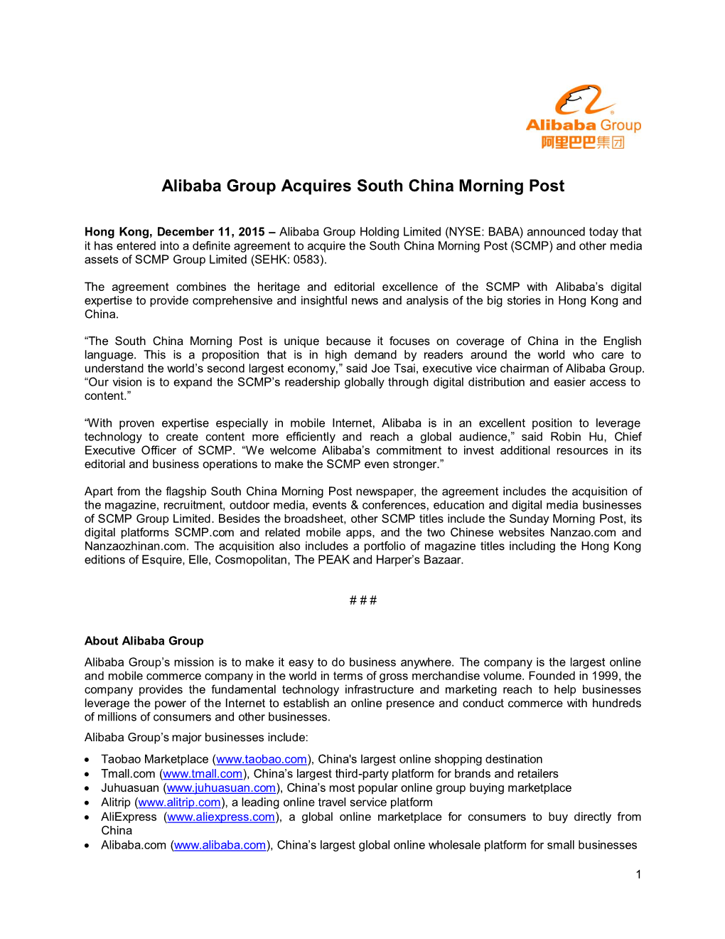 Alibaba Group Acquires South China Morning Post