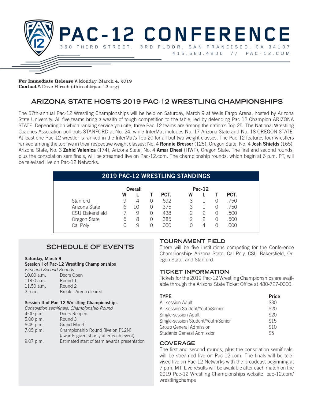 2019 Pac-12 Wrestling Standings Arizona State Hosts 2019 Pac-12