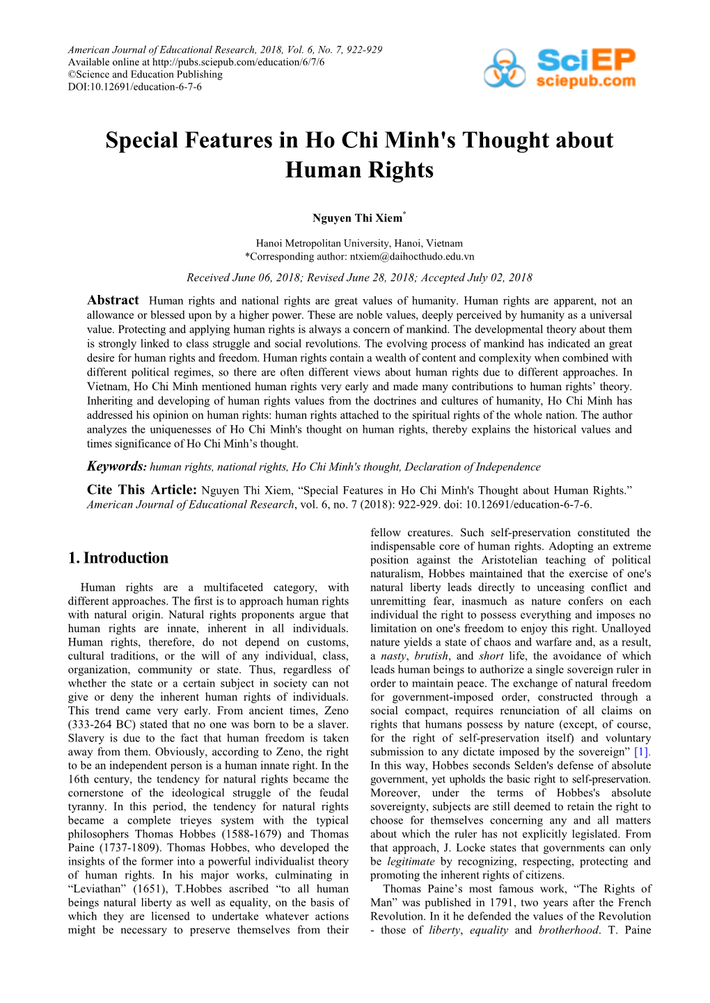 Special Features in Ho Chi Minh's Thought About Human Rights