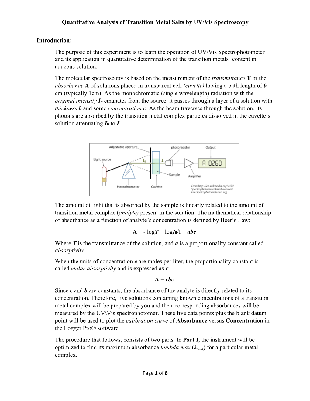 Quantitative Analysis of Transition Metal Salts by UV/Vis Spectroscopy Introduction: the Purpose of This Experiment Is to Learn