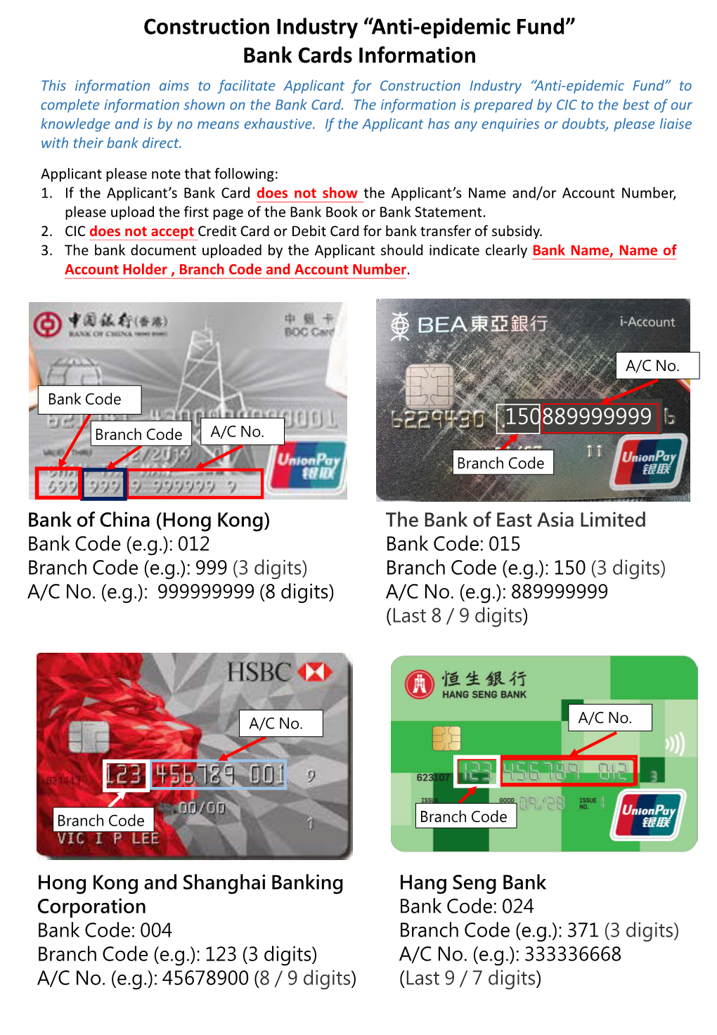 The Bank of East Asia Limited Bank Code (E.G.): 012 Bank Code: 015 Branch Code (E.G.): 999 (3 Digits) Branch Code (E.G.): 150 (3 Digits) A/C No