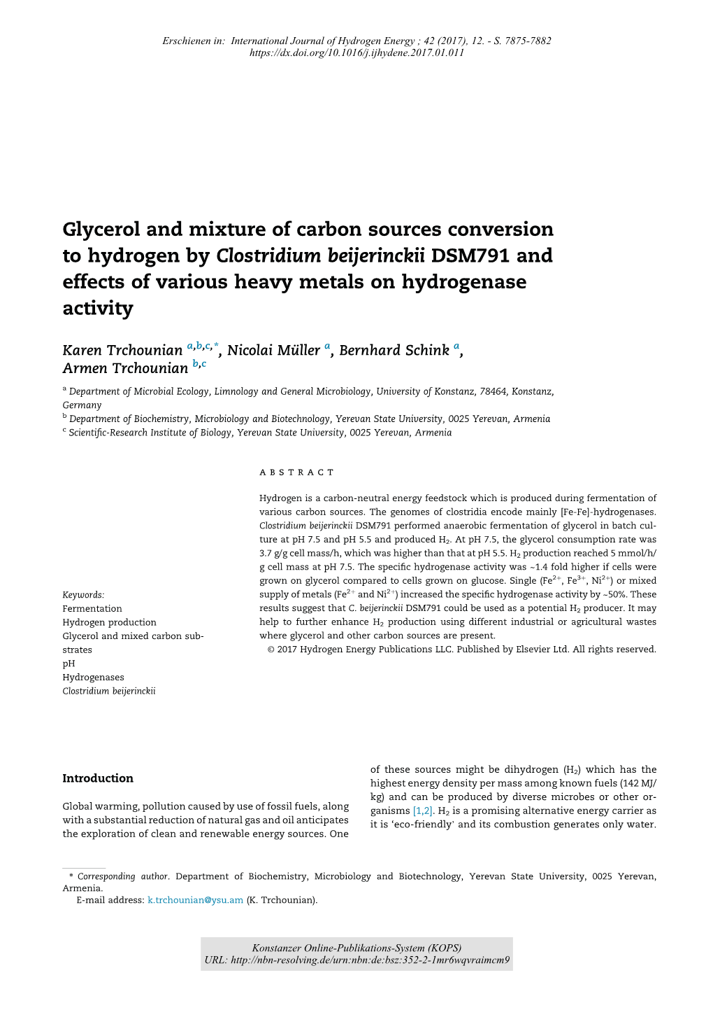 Glycerol and Mixture of Carbon Sources Conversion to Hydrogen by Clostridium Beijerinckii DSM791 and Effects of Various Heavy Metals on Hydrogenase Activity