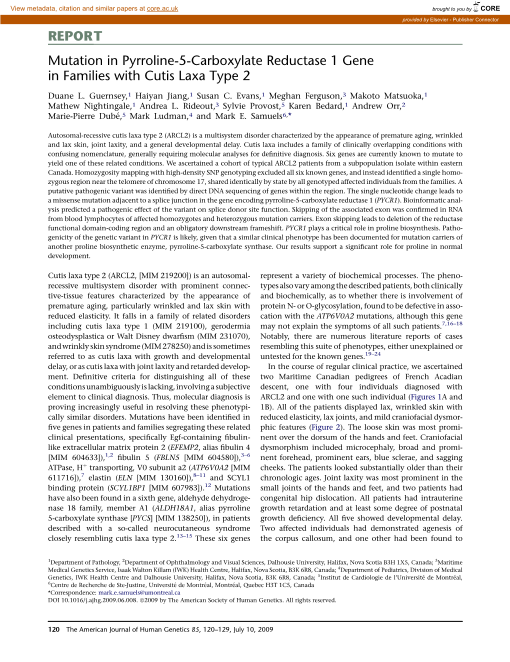 Mutation in Pyrroline-5-Carboxylate Reductase 1 Gene in Families with Cutis Laxa Type 2