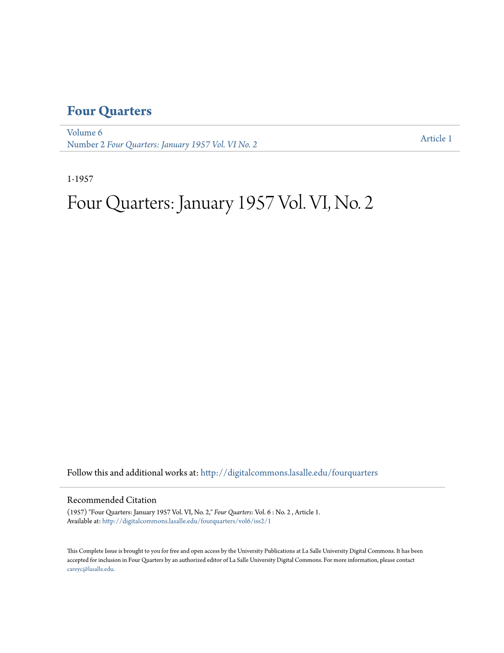 Four Quarters Volume 6 Article 1 Number 2 Four Quarters: January 1957 Vol