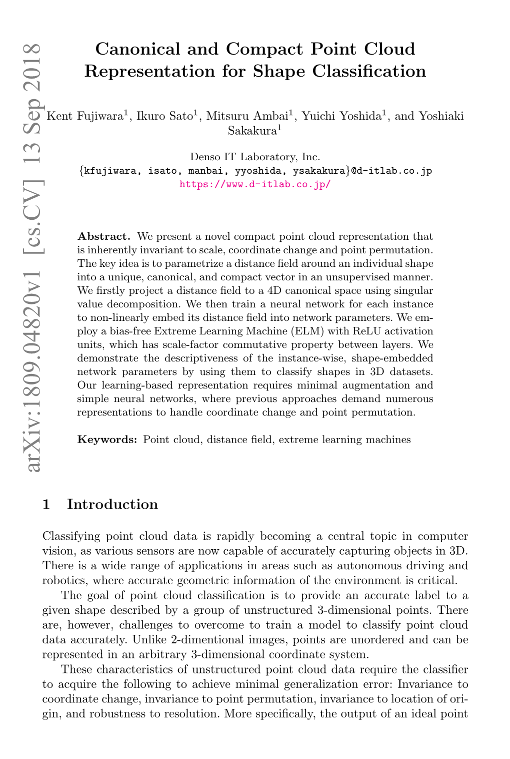 Canonical and Compact Point Cloud Representation for Shape Classiﬁcation