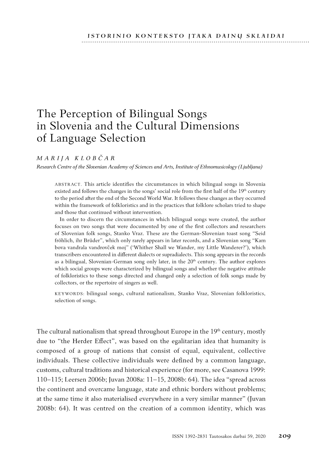 The Perception of Bilingual Songs in Slovenia and the Cultural Dimensions of Language Selection