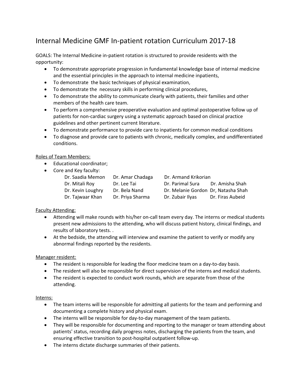 Internal Medicine GMF In-Patient Rotation Curriculum 2017-18