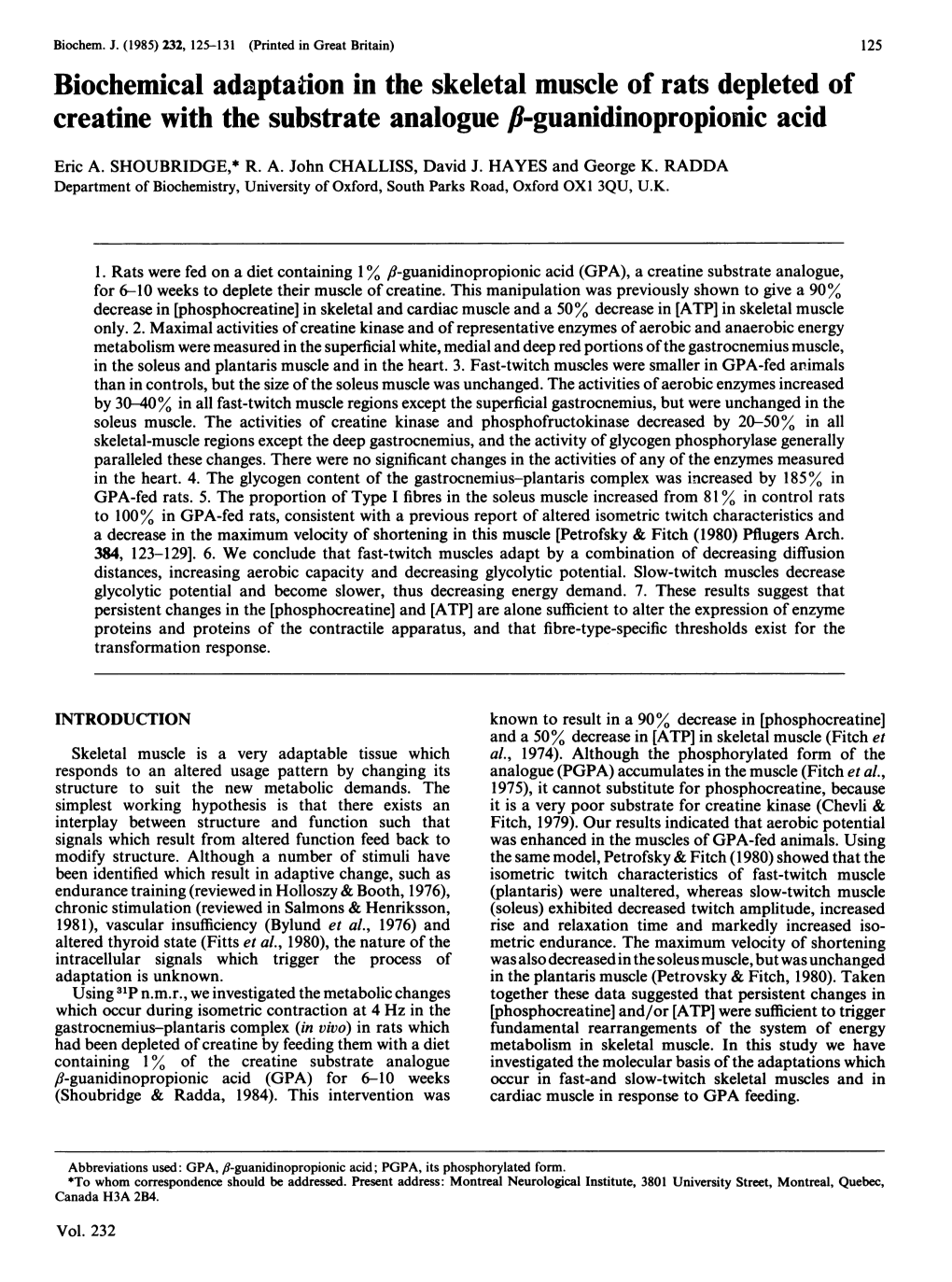 Biochemical Adaptation in the Skeletal Muscle of Rats Depleted of Creatine with the Substrate Analogue F-Guanidinopropionic Acid