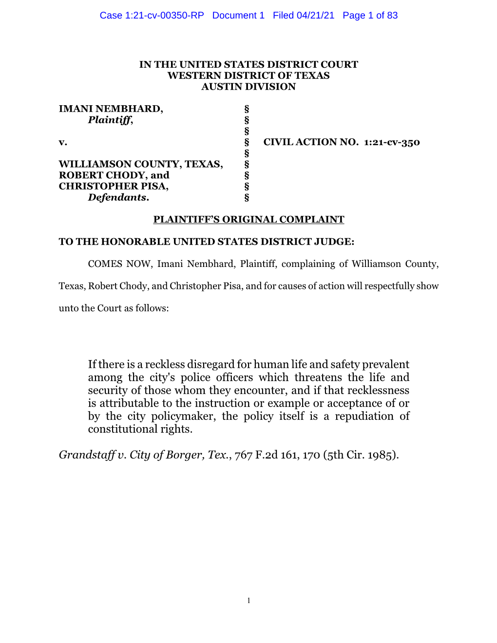 Case 1:21-Cv-00350-RP Document 1 Filed 04/21/21 Page 1 of 83