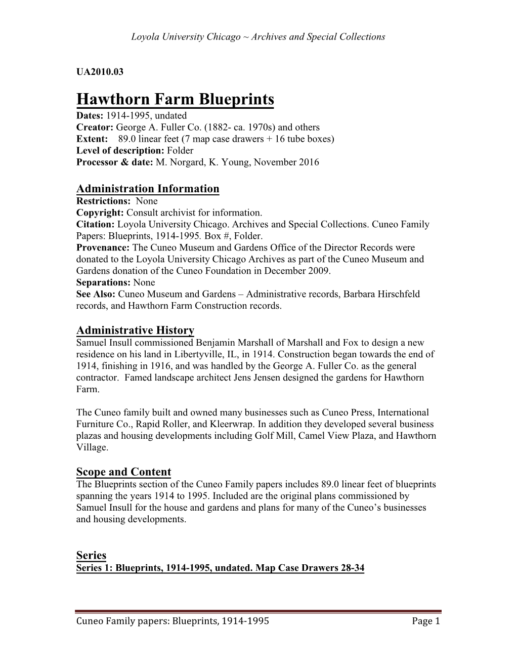 Hawthorn Farm Blueprints, 1914-1995