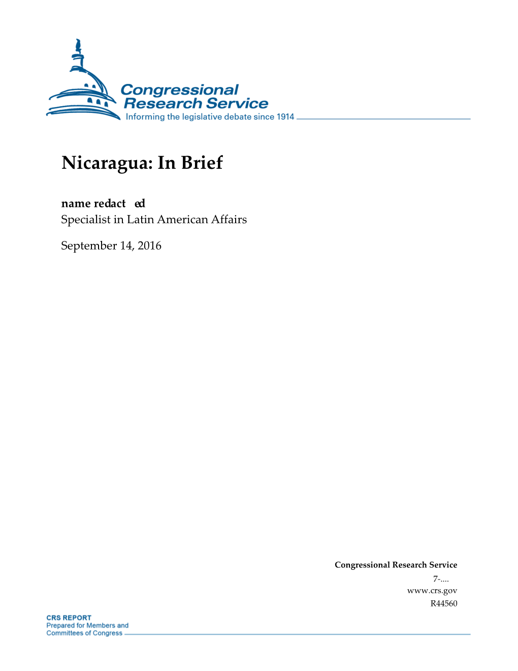 Nicaragua: in Brief Name Redact Ed Specialist in Latin American Affairs